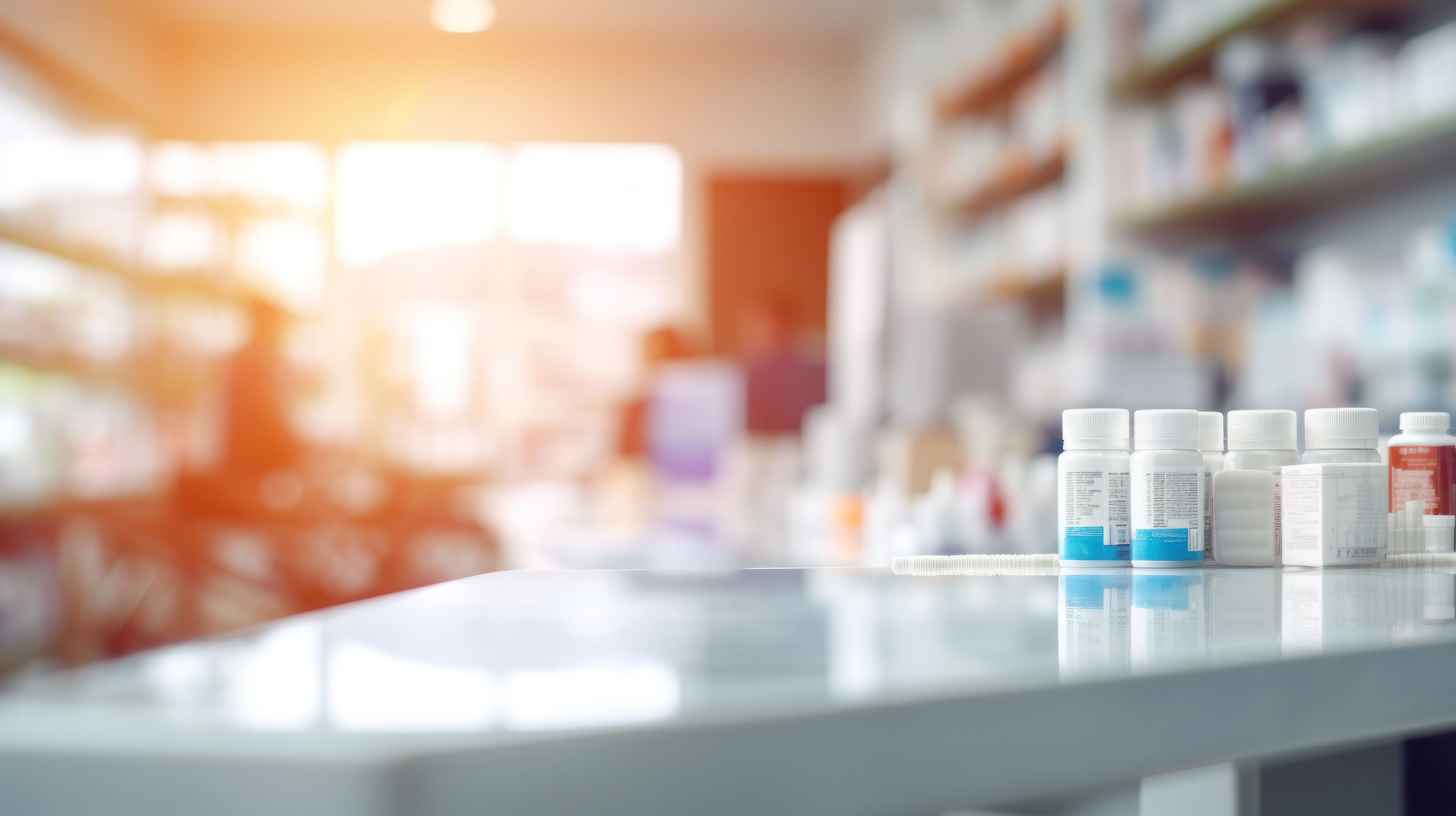 pharmacy-foreground-with-counter-blurred-backdrop-medicine-shelves-emphasizing-recycled-plastic-bottle-usage